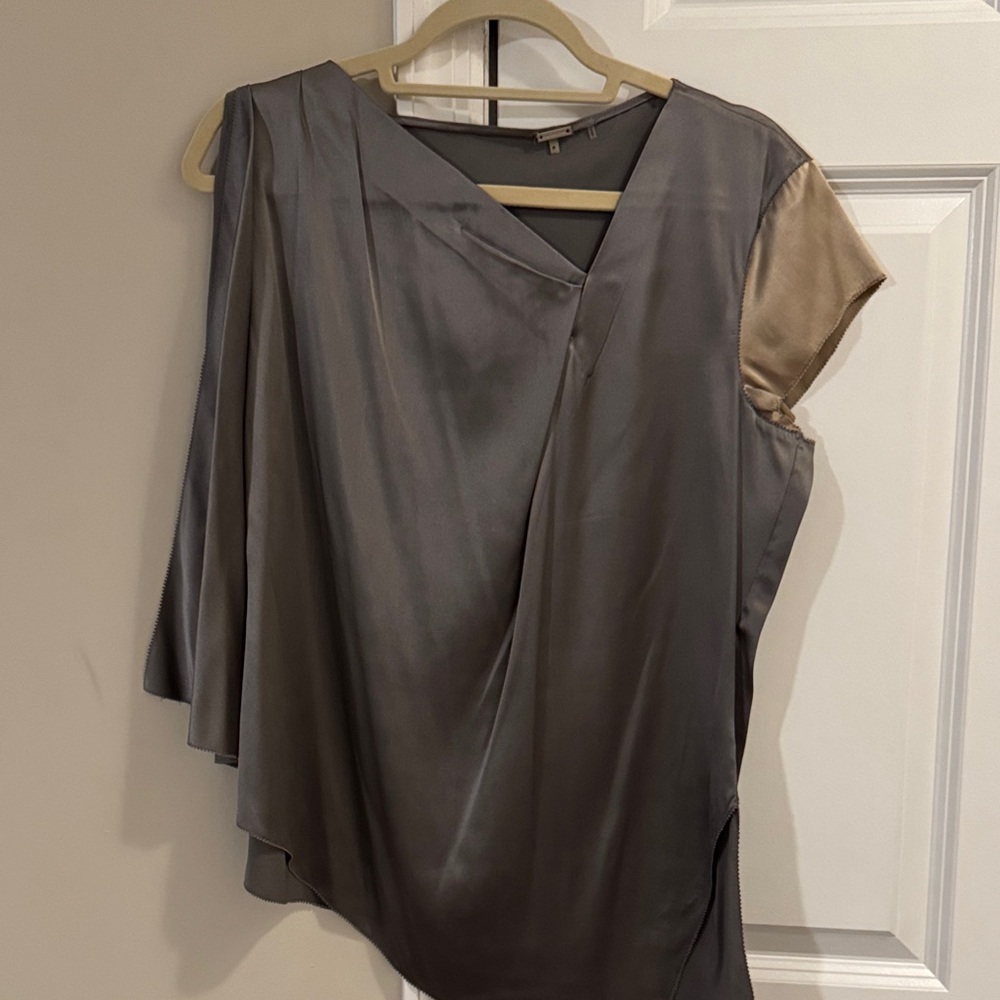 Elie Tahari Asymmetrical Gray and Tan Blouse